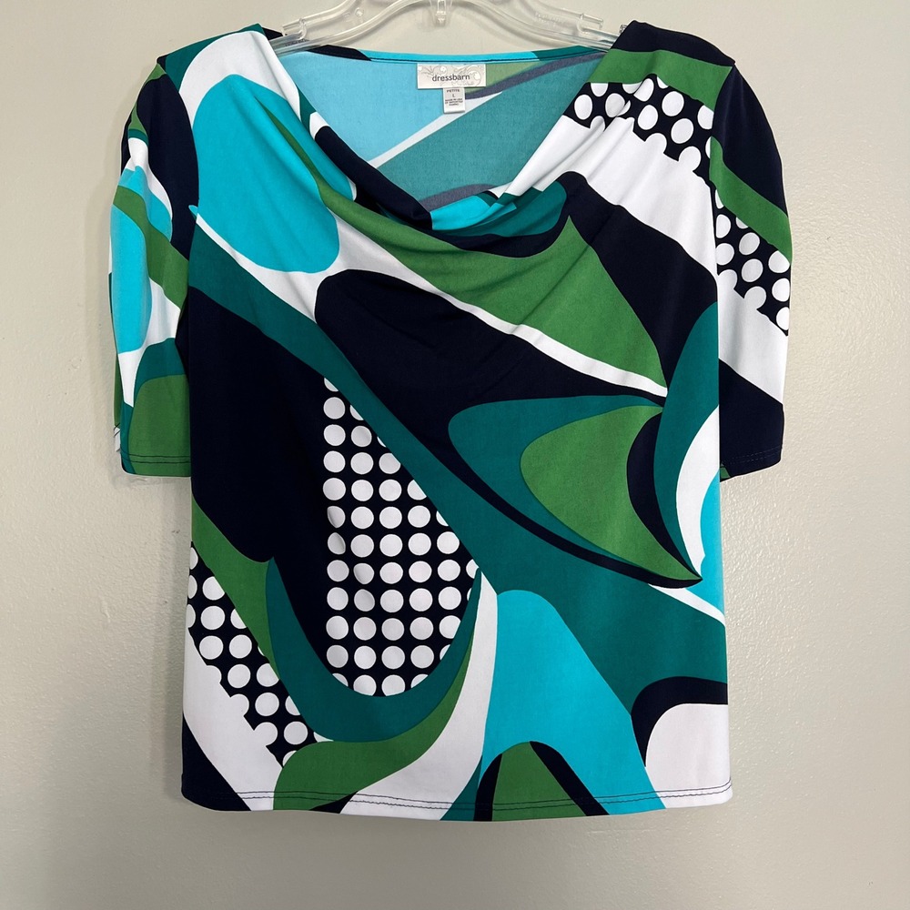 Dressbarn Petite Large Cowl Neck Top Green Teal Abstract Mod Retro Ruched Sleeve